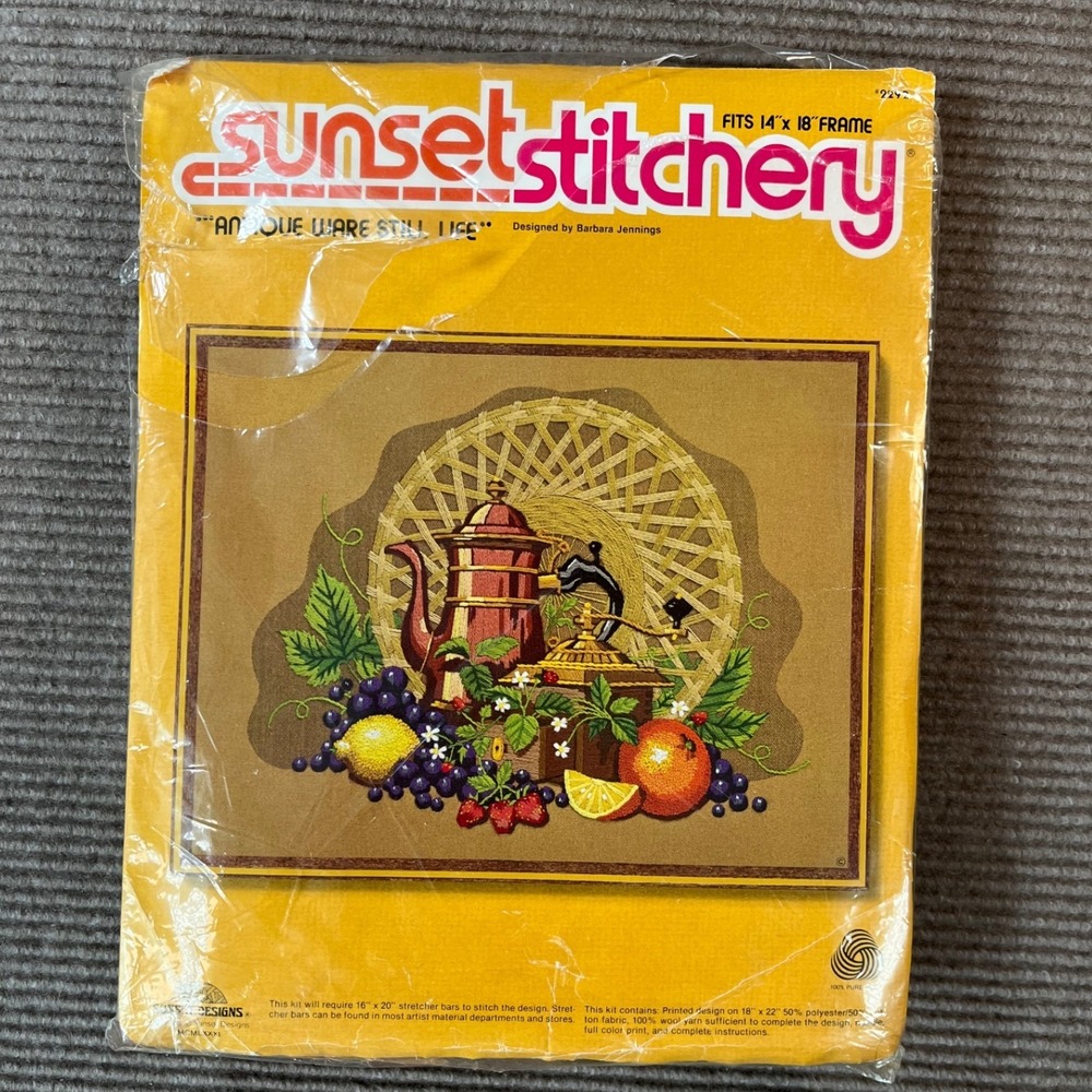 Vintage 1981 Sunset Stitchery Antique Ware Still Life Crewel Kit 2292 14x18